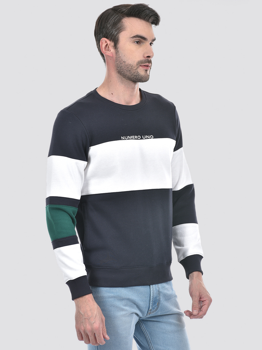 Numero Uno Men Blue Color Block Round Neck Brushed Fleece Sweatshirt